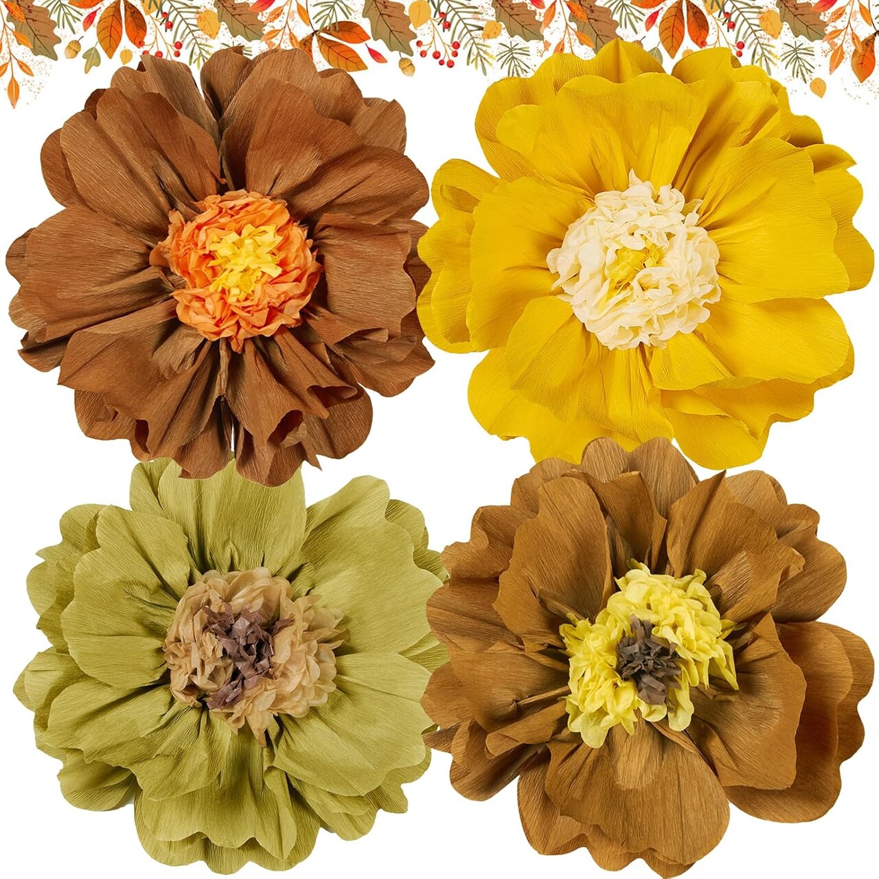 4-Pack 20" Giant Paper Flowers – Boho Groovy Fall Party & Event Wall Decorations